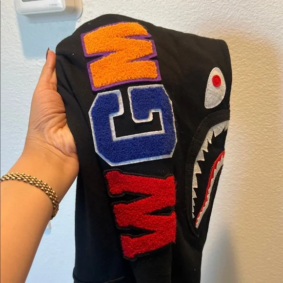 Bape Black Shark-Print Crewneck Hoodie with Multicolor Accents
